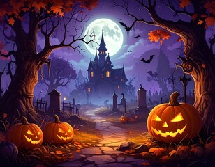 Spooky scene with pumpkins, a haunted house, and full moon