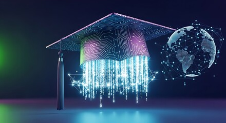 A digital graduation cap, adorned with circuit board patterns, showcases the global connectivity of education, with binary code flowing from its apex.