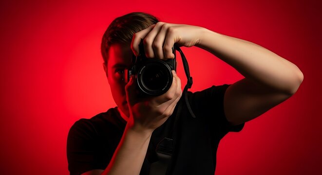 A photographer takes a picture with a camera in a studio with red background the photographer is wearing a black tshirt and has short brown hair the camera is black