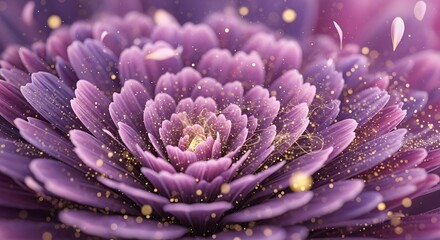 Obraz premium A detailed close-up view of a magnificent, purple flower, highlighted by delicate gold glitter particles, showcasing intricate petal details and a captivating, ethereal mood.