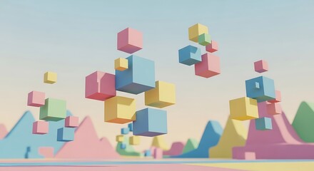 Surreal Landscape with Floating Cubes and Pastel Mountains.