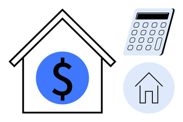 House outline with dollar sign, handheld calculator, and small house icon. Ideal for finance, mortgage, budgeting, investment, savings accounting planning. Clean simple flat metaphor