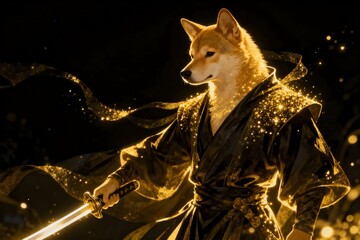 Dog in robe holding glowing sword