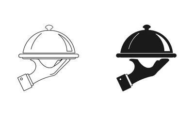 Minimalist vector illustration of a hand holding a covered serving dish shown in outline and solid black silhouette styles on white background