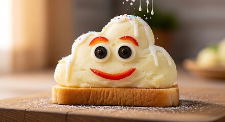 Closeup of a slice of toast topped with mashed potatoes shaped like a cloud with a smiling face made of strawberry slices and black olives, sprinkled with sugar and falling sugar