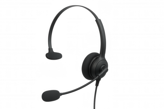 Black single ear headset with microphone for customer service communication, call center, voip, and technical support