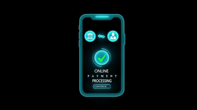 Glowing neon smartphone screen displays online payment processing with bank and user icons and a green checkmark confirmation on black background digital finance concept