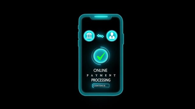 Futuristic glowing smartphone screen displays online payment processing with bank and user icons and a successful transaction checkmark animation digital finance technology concept