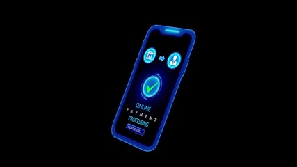 Futuristic smartphone displaying online payment processing with glowing icons for bank and user transaction success checkmark and continue button on dark background digital finance concept - Powered by Adobe