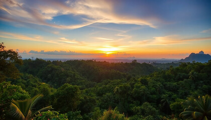 Lush jungle forest glowing with sunset hues and
