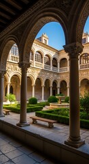 Fototapeta premium A serene courtyard, bathed in sunlight, showcases intricately carved arches, manicured gardens, and a tranquil fountain.