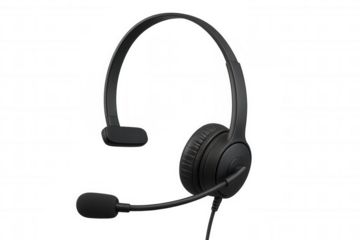 Black professional headset with microphone for customer service, gaming, and communication, transparent background