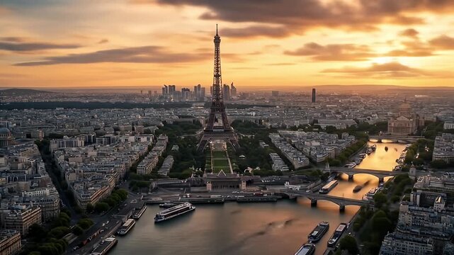 Sunset over Paris along the Seine with bridges and a glowing iron tower silhouette. by river light!!