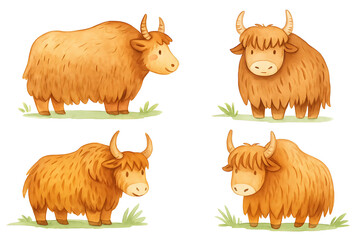 Obraz premium Beautiful stock illustration with cute watercolor hand drawn yaks