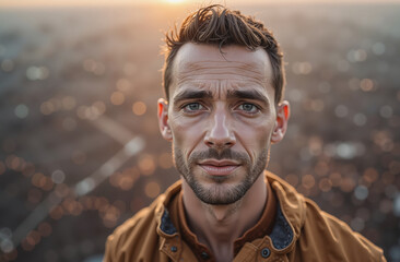 Young man stands in midwest cityscape during golden hour, looking thoughtful with sunset backdrop. Use: print, web.