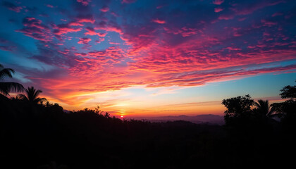 Radiant twilight colors glowing above jungle