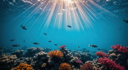 Obraz premium Underwater coral reef scene with colorful marine life and sunlight rays in clear blue ocean. Use: print, web.