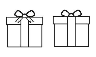 Minimalist vector illustration of two square gift boxes with bows and ribbon details in bold black outline on white background