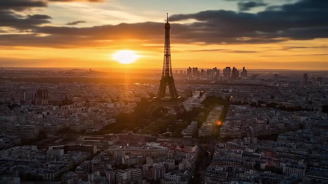 Sunset over Paris with the Eiffel Tower silhouetted against a warm orange skyline. soft orange glow