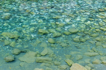 Shoreline scene featuring transparent turquoise water and a bed