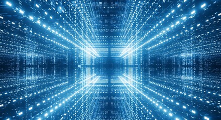 Abstract blue digital tunnel with glowing lights