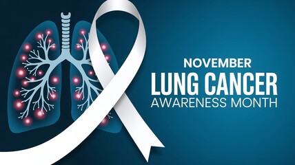 November Lung Cancer Awareness Month banner with white ribbon and human lung silhouette on a dark blue background for health campaigns