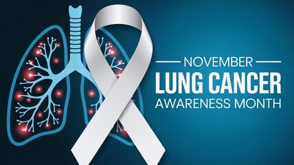 November Lung Cancer Awareness Month banner with white ribbon and human lung silhouette on a dark blue background for health campaigns