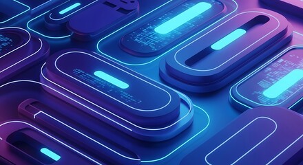 Futuristic glowing pods with blue and purple light