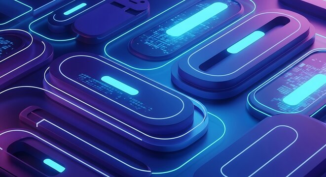 Futuristic glowing pods with blue and purple light