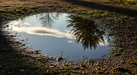 A tranquil puddle reflects the tranquil sky and a tree's silhouette, creating a serene and peaceful scene on a dirt path.