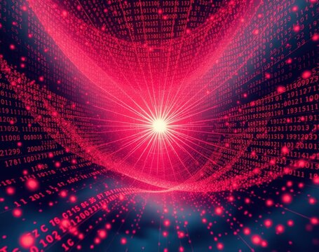 A vibrant abstract representation of digital data flow with glowing lines and binary numbers. - Powered by Adobe