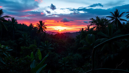 Wild twilight jungle glowing with vivid sunset