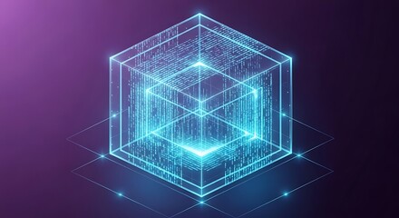 3d glowing cube with digital data stream