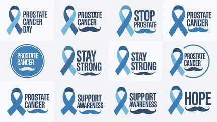 Prostate Cancer Awareness Day collage of blue ribbons, mustaches, and motivational text like HOPE, SUPPORT, and STAY STRONG