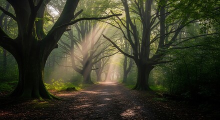 Sunlight streams through a misty woodland path, illuminating ancient trees.