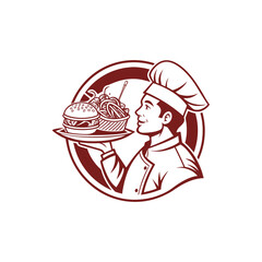 A smiling chef presenting a tray of burger fries and a delicious meal