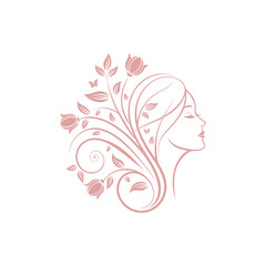 Elegant woman s profile intertwined with floral and swirling decorative elements