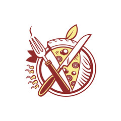 A vintage style illustration of pizza with cutlery and steam