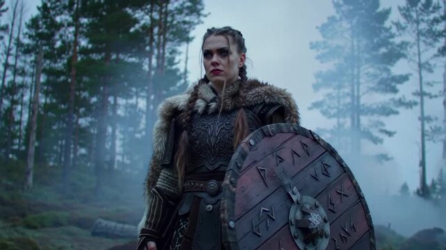 Menacing Female Viking Warrior Shield Maiden Standing in Foggy Forest Holding Ornate Shield, Wearing Leather Armor and Traditional Historical Battle Costume