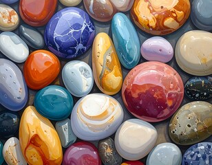 Smooth, colorful polished stones arranged on a dark surface