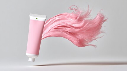 A tube of pink hair product is being blown out of the tube, creating a pink cloud of hair. The tube is pink and the hair is also pink, giving the impression of a fun and playful moment