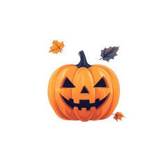Fototapeta premium Spooky Pumpkin Carving: A vibrant orange pumpkin, carved into a sinister grin and accompanied by autumn leaves, captures the spirit of Halloween.