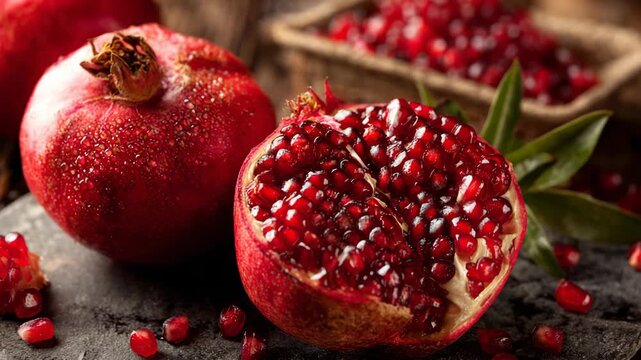 Fresh Pomegranates Still Life: Whole and Halved Fruit with Seeds on Dark Stone Background, Healthy Eating and Antioxidant Rich Food