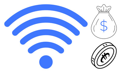 wireless signal symbolizing connectivity alongside a money bag and coin representing monetary gains. Ideal for fintech, online earning, digital economy, innovation, savings, wireless finance, simple