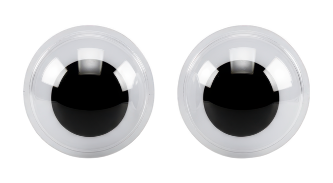 Two blank plastic googly eyes stare forward on black.