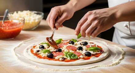 A chef prepares a pizza by spreading tomato sauce and adding toppings like olives, salami, and basil, showcasing the art of pizza making