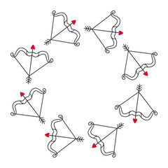 Romantic wreath of Cupid bows with red heart arrows. Simple flat vector design Ideal for Valentines Day, love themed cards, beauty, fashion, romantic decorations, poster, stickers. Vector illustration