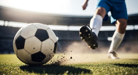 A closeup view of a soccer ball being kicked on the green grass, highlighting the intensity and excitement of the game in a stadium environment