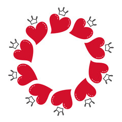 Red hearts arranged in circular wreath shape. Simple flat vector design perfect for Valentines Day, love themed cards, beauty, fashion, romantic decorations, poster, stickers. Vector illustration