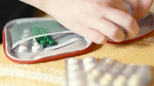 Woman prepares a travel first aid kit for any situation.
